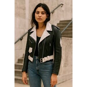 Vintage UNIK Leather Fringe Biker Jacket Black White Belted Cropped X-Large